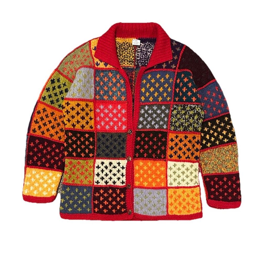 Vintage Las Americas 100% Wool Multicolor Knit Patchwork Sweater Boho XL